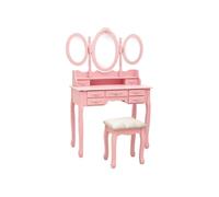 Kaptafel met kruk en drievoudige spiegel roze289327