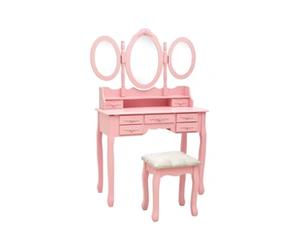 Kaptafel met kruk en drievoudige spiegel roze289327