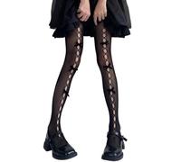 KAQNTUD Bas résille avec nœuds pour femme - Taille haute - Contrôle des cuisses - Collants Lolitas Gothics avec nœuds pour femme, Nœud noir sur B noir, Taille unique