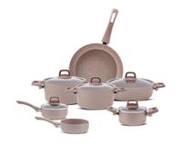 Karaca Bio Granite Batterie de cuisine avec couvercles - 12 casseroles et poêles antiadhésives - 5 casseroles avec 5 couvercles en verre, 1 poêle en granit et 1 casserole - Cuisine sans PFOA (or rose)