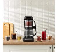 Karaca Caysever Robotea Pro 4-en-1 Théière en Verre, Theiere avec Infuseur, Bouilloire Electrique Temperature Reglable & Cafetière Filtre, Automatique Parlante Machine a The, Chrome Noir