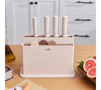 KARACA Chef's Harmony Ensemble de couteaux et planche à découper en plastique, 5 couteaux de cuisine tranchants et 4 planches à petit-déjeuner hygiéniques avec support élégant, idéal pour les légumes,