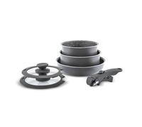Karaca Comfort Lot de 6 poêles en granit antiadhésives avec couvercles en verre, ustensiles de cuisine résistants aux rayures, 1 poignée amovible, casserole à induction et poêle à frire, noir