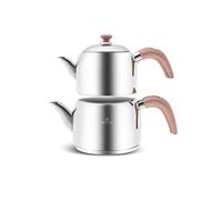 Karaca Edge Mini Théière à Induction Rose - 1 L + Couvercle 1,5 L - Volume Total 2,5 L - Théière Turque Caydanlik Demlik