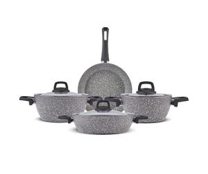 Karaca Gris BioGranite Batterie de cuisine 7 pièces en granit avec revêtement antiadhésif, passe au lave-vaisselle et à induction, 3 casseroles avec 3 couvercles en verre et 1 poêle à frire
