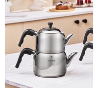 Karaca Nero Théière Midi, Noire - Ensemble de Théière 2 Pièces, 1,35 L + Bouilloire 1,95 L, Capacité 12 Tasses