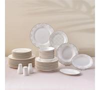 Karaca Siena Service de table 53 pièces en porcelaine avec assiettes plates, bols, salière et poivrière et cure-dents pour 12 personnes (blanc)