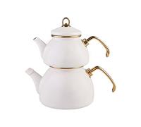 Karaca - Théière turque de 1,1 l - Revêtue d’émail - Design rétro - Combinée avec une bouilloire de 2,3 l - Compatible avec plaque à induction - Idéale pour infusion de thé - Crème