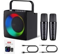 Karaoke Machine with 2 Wireless Microphones,UHF,USB,Auxiliary Connection,Voice Changing Effects and LED Lights,Battery Capacity 4000 mAh,Bluetooth 5.0,for Parties,Black