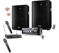 Karaoké Pack Sono 600W - Double Micros sans fil - Ampli Hifi Bluetooth USB - 2 Enceintes sono 300W - Cable PC - DJ anniversaire