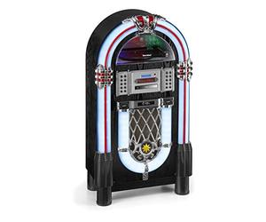 Karcher JB 6608D Jukebox (avec Tourne-Disque Lecteur CD et Streaming Audio Bluetooth, Radio FM et Dab+ avec mémoire de Station, Lecture MP3 Via USB ou Carte SD, Light Show) Noir