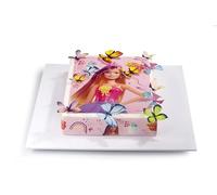 Kardasis Barbie Dessus de Gâteau et figurines de papillons comestibles | Disque Azyme comestible pour gâteaux | Décoration gâteau pour anniversaire | 21x28 cm + 4 rubans 28x4cm + 12 figurines