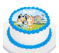 Kardasis Bluey cake topper avec papier sucre | Topper comestible pour gâteaux | Disque Azyme Décoration de gâteau pour l'anniversaire thème Bluey | 20cm