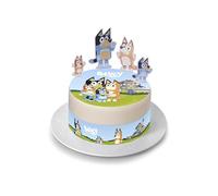 Kardasis Bluey Dessus de Gâteau et figurines en papier | Disque Azyme comestible pour gâteaux | Décoration de gâteau pour l'anniversaire thème Bluey | 20cm + 4 rubans 28x4cm + 4 figurines