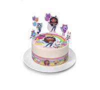 Kardasis Gabby's Chat Dessus de Gâteau et figurines en papier | Disque Azyme comestible pour gâteaux | Décoration de gâteau pour l'anniversaire à thème | 20cm + 4 bandes 28x4cm + 5 figurines