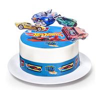 Kardasis Hot Wheels Dessus de Gâteau et figurines en papier | Disque Azyme comestible pour gâteaux | Décoration de gâteau pour l'anniversaire | 20cm + 3 rubans 28x5cm + 4 figurines