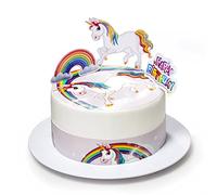Kardasis Licorne Dessus de Gâteau et figurines en papier | Disque Azyme comestible pour gâteaux | Décoration de gâteau pour l'anniversaire | 20cm + 3 rubans 28x5cm + 4 figurines