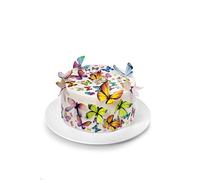 Kardasis Papillons Dessus de Gâteau et figurines comestibles | Disque Azyme comestible pour gâteaux | Décoration gâteau pour anniversaire | 20 cm + 4 rubans 28x4 cm + 12 figurines