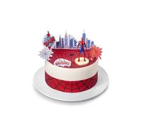Kardasis Spider-Man dessus de gâteau avec Figurines | Topper comestible pour gâteaux | Décoration de gâteau pour l'anniversaire | 20cm + 4 rubans 28x4cm + 5 figurines + 1 figurine 3D