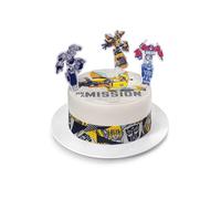 Kardasis Transformers Dessus de Gâteau et figurines en papier | Disque Azyme comestible pour gâteaux | Décoration de gâteau pour l'anniversaire | 20cm + 4 rubans 28x4 cm + 3 figurines