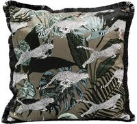 Kare Design Coussin Jungle Leafs - Multicolore - Motif léopard - Jungle - Aspect Velours - avec Franges - Coussin décoratif avec Rembourrage - avec Fermeture éclair - 45 x 45 cm (L x l)