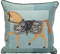 Kare Design Show Horse Plaid, Bleu/Marron, 45 x 45 cm, Motif de Cheval, Housse Amovible avec Fermeture éclair, Coussin décoratif avec Rembourrage