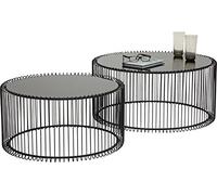 Kare Design Table basse Wire Black, Lot de 2, Noir, 34x70x70 Cm, Petit meuble table de salon, Table de salon ronde, Loft Design, Plateau en verre, Acier, Style loft industriel, Salon