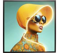Kare Tableau mural LED design Sun Hat Woman, jaune, multicolore, moderne, pour salon, chambre à coucher, couloir, 80 x 80 cm (L x l)