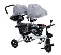 Karelwui Tricycle Double pour Enfants avec canopée - Tricot de bébé Gamin 2 à 8 Ans pédale, Roues en Caoutchouc Anti-Choc, Tricycle Tandem jumeau, Poussette équilibrée Durable, Cadeau Gris