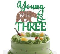 Karen's Cake Toppers Décoration de gâteau 3ème anniversaire Motif jungle Vert marron pailleté