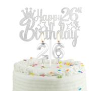 Karen's Cake Toppers Décoration de gâteau d'anniversaire 26 ans avec bougie pour garçons filles hommes femmes Argenté