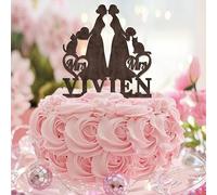Karen's Cake Toppers Décoration de gâteau d'anniversaire avec inscription « Mrs and Mrs Brown » en acrylique noir et inscription « Happy Birthday » de deux femmes pour fête prénuptiale, anniversaire