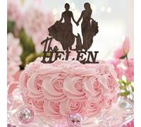 Karen's Cake Toppers Décoration de gâteau d'anniversaire « Mrs and Mrs Brown » en acrylique avec initiales et deux mariées pour remise de diplôme, silhouette élégante de deux femmes, noir