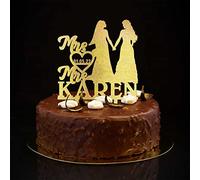 Karen's Cake Toppers Décoration de gâteau de mariage avec inscription « Mrs and Mrs » à paillettes dorées et 2 femmes - Nom de famille personnalisable, date de mariage, cadeaux de mariage