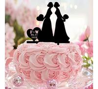Karen's Cake Toppers Décoration de gâteau de mariage en acrylique avec inscription « Mrs & Mrs » Motif silhouette de mariée et de mariée Noir