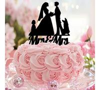 Karen's Cake Toppers Décoration de gâteau de mariage en acrylique noir avec nom de couple et date de mariage avec chien et chat