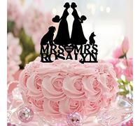 Karen's Cake Toppers Décoration de gâteau de mariage en acrylique noir avec silhouette de chien et de chat avec deux mariées LGBTQ