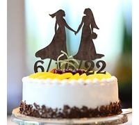 Karen's Cake Toppers Décoration de gâteau de mariage en bois marron avec nom personnalisé et date de l'est - Silhouette de mariage LGBT LGBT - Décoration de fête de fiançailles - Cadeau pour couple