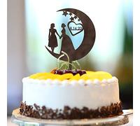 Karen's Cake Toppers Décoration de gâteau de mariage LGBT LGBT en bois marron Motif lune et étoiles 15,2 cm
