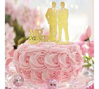 Karen's Cake Toppers Décoration de gâteau de mariage Motif Mr et Mr Deux hommes LGBT Personnaliser Nom Date Hommes Cadeaux Paillettes Or