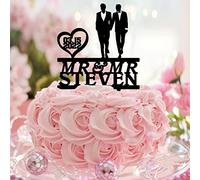 Karen's Cake Toppers Décoration de gâteau en acrylique avec inscription « Mr & Mr » Motif silhouette romantique personnalisable avec nom et date de mariage pour lui et lui Noir