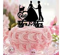 Karen's Cake Toppers Décoration de gâteau en acrylique avec inscription « Mrs and Mrs » pour anniversaire de mariage avec chien et chat Noir
