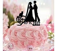 Karen's Cake Toppers Décoration de gâteau en acrylique noir avec silhouette de deux mariées et 2 mariées pour femme Nom personnalisé Date de mariage Lesbienne Cadeau de fiançailles