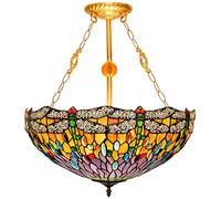 KARFRI Plafonnier de style Tiffany, luminaire suspendu semi-encastré en vitrail avec abat-jour de 20 pouces, lustres inversés rustiques à 3 lumières pour salle à manger, 12,9