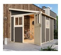 Karibu Abri de Jardin Adossé Bois Massif Gris Terre 6,23m² Bomlitz 3 | Robuste Épicéa Nordique avec Embase | Toiture Panneaux 16mm, Double Porte Semi-Vitrée, Fenêtre Plexi