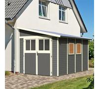 Karibu Abri de Jardin Adossé Bois Massif Gris Terre 8,27m² Bomlitz 4 | Robuste avec Embase Incluse | Double Porte Semi-Vitrée, Fenêtres Plexi | Toiture Résistante 75kg/m²