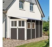 Karibu | Abri de Jardin Adossé Wandlitz 4 en Bois Massif Vitrifié Gris 6,26m² | Portes Semi-Vitrées, Fenêtres Plexi, Embase Incluse | Résistant Humidité, Montage Facile