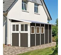 Karibu Abri de Jardin Adossé Wandlitz 5 | 8m² en Bois Massif Vitrifié Gris | Portes Semi-Vitrées, 3 Fenêtres, Toiture Voliges 16mm | Embase Incluse
