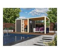 Karibu Abri de Jardin Bois Massif 19mm Qubic | 11,65m² avec Appentis 5,6m² | Toit Plat Gris Terre | Porte Coulissante Plexi | Kit Embase Autoclave Inclus