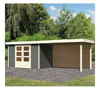 Karibu Askola 4 | Abri de Jardin Bois Massif Gris Terre 6,55m² avec Appentis 280cm | Double Porte Vitrée et Paroi Arrière | Toiture en Bois Massif 16mm | Résistant aux Intempéries